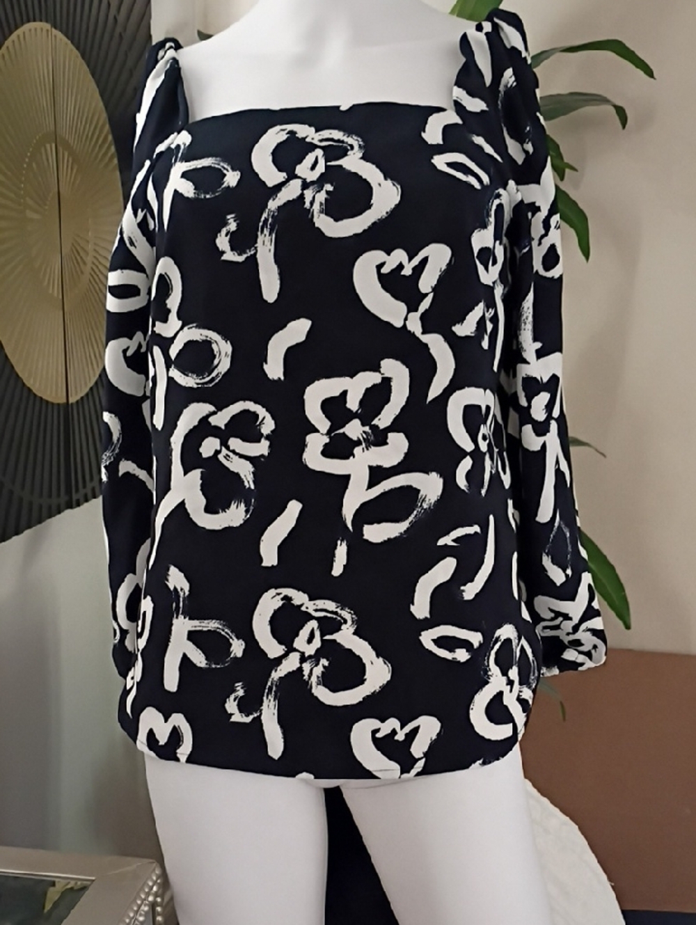 J. Crew Black & White Floral Square-Neck Blouse
